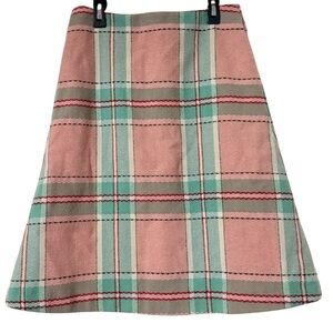 Boden Pink Green Tartan Plaid Wool Blend A-Line Skirt Sz 4L Lined Side Pockets